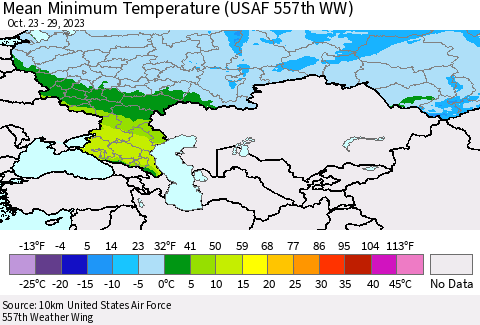 Russian Federation Mean Minimum Temperature (USAF 557th WW) Thematic Map For 10/23/2023 - 10/29/2023
