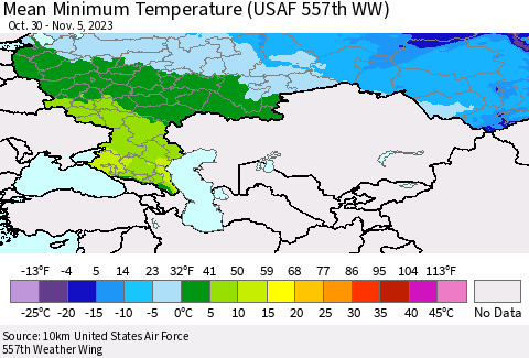 Russian Federation Mean Minimum Temperature (USAF 557th WW) Thematic Map For 10/30/2023 - 11/5/2023