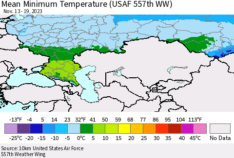 Russian Federation Mean Minimum Temperature (USAF 557th WW) Thematic Map For 11/13/2023 - 11/19/2023
