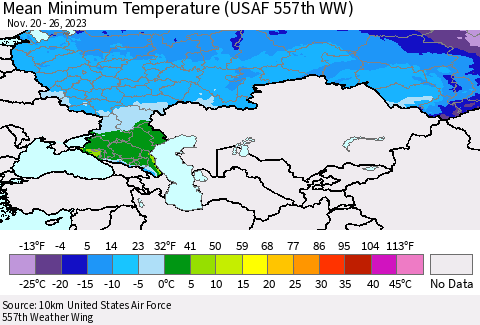 Russian Federation Mean Minimum Temperature (USAF 557th WW) Thematic Map For 11/20/2023 - 11/26/2023