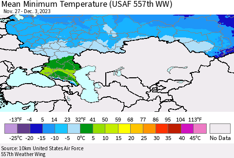 Russian Federation Mean Minimum Temperature (USAF 557th WW) Thematic Map For 11/27/2023 - 12/3/2023