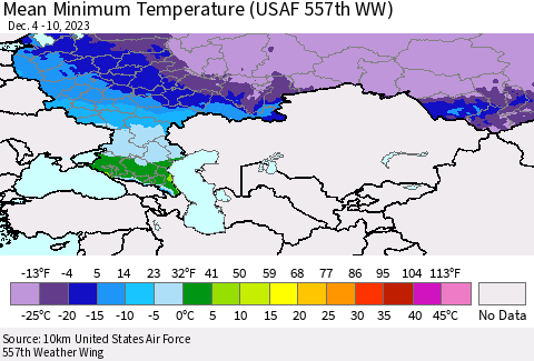Russian Federation Mean Minimum Temperature (USAF 557th WW) Thematic Map For 12/4/2023 - 12/10/2023