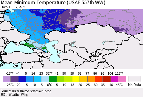 Russian Federation Mean Minimum Temperature (USAF 557th WW) Thematic Map For 12/11/2023 - 12/17/2023