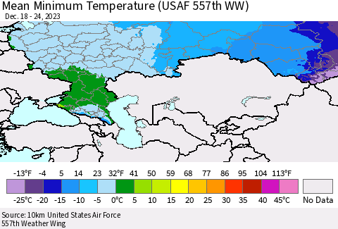 Russian Federation Mean Minimum Temperature (USAF 557th WW) Thematic Map For 12/18/2023 - 12/24/2023