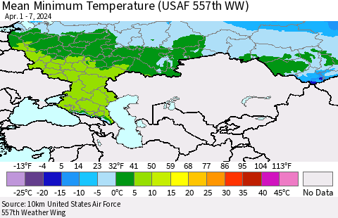 Russian Federation Mean Minimum Temperature (USAF 557th WW) Thematic Map For 4/1/2024 - 4/7/2024