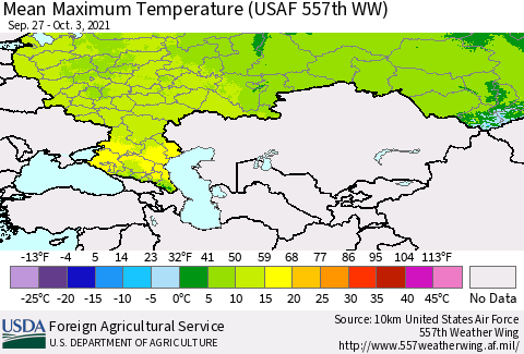 Russian Federation Mean Maximum Temperature (USAF 557th WW) Thematic Map For 9/27/2021 - 10/3/2021