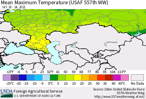 Russian Federation Mean Maximum Temperature (USAF 557th WW) Thematic Map For 10/18/2021 - 10/24/2021