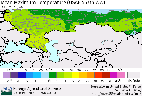 Russian Federation Mean Maximum Temperature (USAF 557th WW) Thematic Map For 10/25/2021 - 10/31/2021