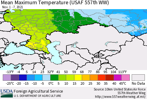 Russian Federation Mean Maximum Temperature (USAF 557th WW) Thematic Map For 11/1/2021 - 11/7/2021