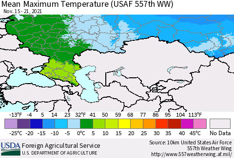 Russian Federation Mean Maximum Temperature (USAF 557th WW) Thematic Map For 11/15/2021 - 11/21/2021