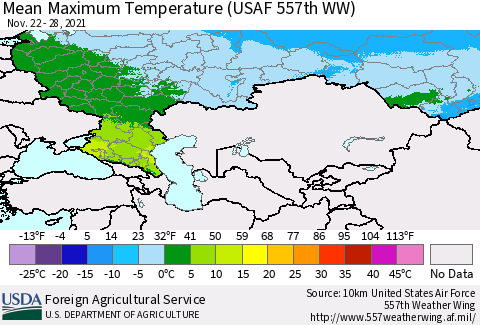 Russian Federation Mean Maximum Temperature (USAF 557th WW) Thematic Map For 11/22/2021 - 11/28/2021