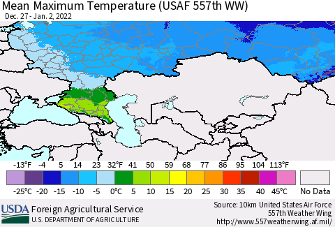 Russian Federation Mean Maximum Temperature (USAF 557th WW) Thematic Map For 12/27/2021 - 1/2/2022