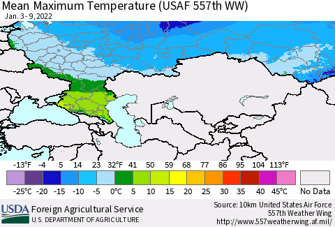 Russian Federation Mean Maximum Temperature (USAF 557th WW) Thematic Map For 1/3/2022 - 1/9/2022
