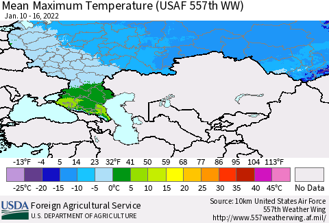 Russian Federation Mean Maximum Temperature (USAF 557th WW) Thematic Map For 1/10/2022 - 1/16/2022