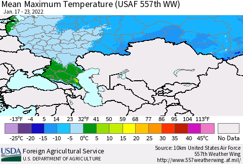 Russian Federation Mean Maximum Temperature (USAF 557th WW) Thematic Map For 1/17/2022 - 1/23/2022