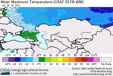 Russian Federation Mean Maximum Temperature (USAF 557th WW) Thematic Map For 1/24/2022 - 1/30/2022