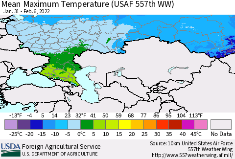 Russian Federation Mean Maximum Temperature (USAF 557th WW) Thematic Map For 1/31/2022 - 2/6/2022