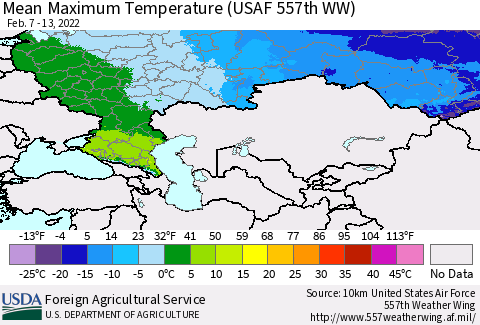 Russian Federation Mean Maximum Temperature (USAF 557th WW) Thematic Map For 2/7/2022 - 2/13/2022