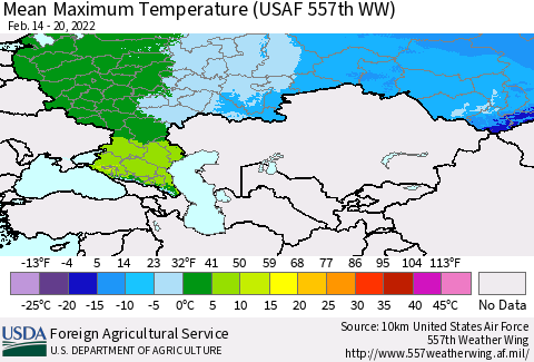 Russian Federation Mean Maximum Temperature (USAF 557th WW) Thematic Map For 2/14/2022 - 2/20/2022