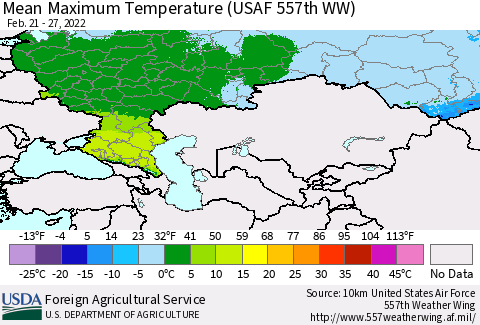 Russian Federation Mean Maximum Temperature (USAF 557th WW) Thematic Map For 2/21/2022 - 2/27/2022