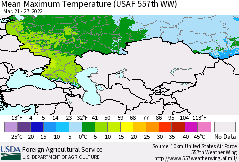Russian Federation Mean Maximum Temperature (USAF 557th WW) Thematic Map For 3/21/2022 - 3/27/2022