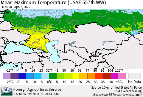 Russian Federation Mean Maximum Temperature (USAF 557th WW) Thematic Map For 3/28/2022 - 4/3/2022