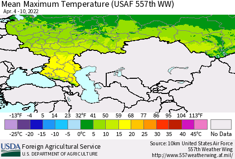 Russian Federation Mean Maximum Temperature (USAF 557th WW) Thematic Map For 4/4/2022 - 4/10/2022