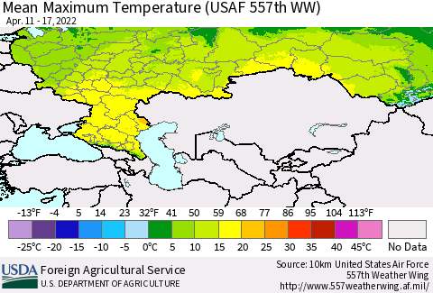 Russian Federation Mean Maximum Temperature (USAF 557th WW) Thematic Map For 4/11/2022 - 4/17/2022