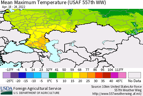 Russian Federation Mean Maximum Temperature (USAF 557th WW) Thematic Map For 4/18/2022 - 4/24/2022