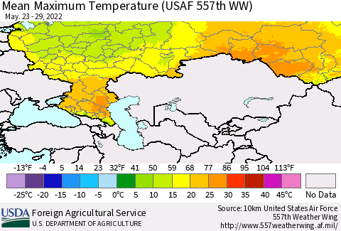 Russian Federation Mean Maximum Temperature (USAF 557th WW) Thematic Map For 5/23/2022 - 5/29/2022