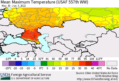 Russian Federation Mean Maximum Temperature (USAF 557th WW) Thematic Map For 5/30/2022 - 6/5/2022