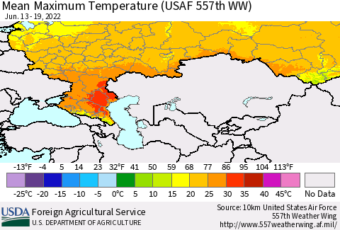 Russian Federation Mean Maximum Temperature (USAF 557th WW) Thematic Map For 6/13/2022 - 6/19/2022