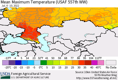 Russian Federation Mean Maximum Temperature (USAF 557th WW) Thematic Map For 7/4/2022 - 7/10/2022