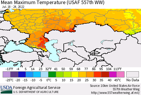 Russian Federation Mean Maximum Temperature (USAF 557th WW) Thematic Map For 7/18/2022 - 7/24/2022