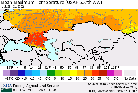 Russian Federation Mean Maximum Temperature (USAF 557th WW) Thematic Map For 7/25/2022 - 7/31/2022