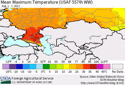 Russian Federation Mean Maximum Temperature (USAF 557th WW) Thematic Map For 8/1/2022 - 8/7/2022