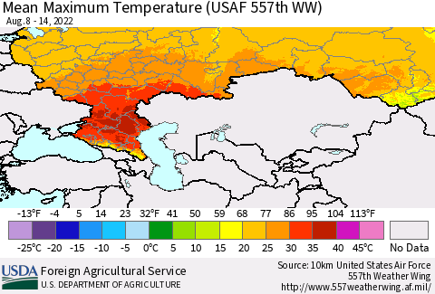 Russian Federation Mean Maximum Temperature (USAF 557th WW) Thematic Map For 8/8/2022 - 8/14/2022