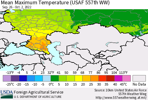 Russian Federation Mean Maximum Temperature (USAF 557th WW) Thematic Map For 9/26/2022 - 10/2/2022