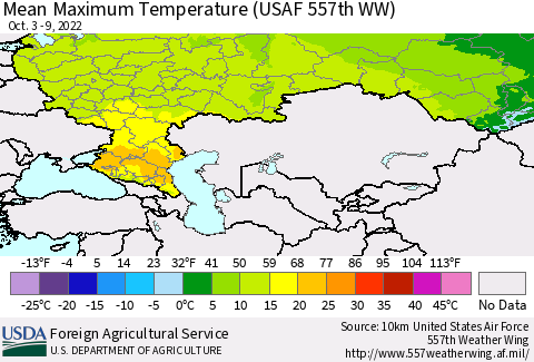 Russian Federation Mean Maximum Temperature (USAF 557th WW) Thematic Map For 10/3/2022 - 10/9/2022