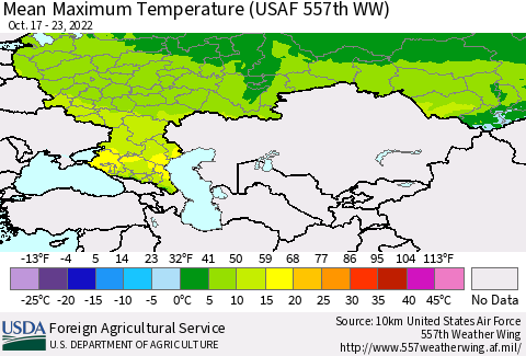 Russian Federation Mean Maximum Temperature (USAF 557th WW) Thematic Map For 10/17/2022 - 10/23/2022