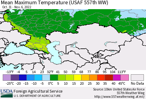 Russian Federation Mean Maximum Temperature (USAF 557th WW) Thematic Map For 10/31/2022 - 11/6/2022