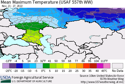 Russian Federation Mean Maximum Temperature (USAF 557th WW) Thematic Map For 11/21/2022 - 11/27/2022