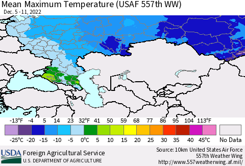 Russian Federation Mean Maximum Temperature (USAF 557th WW) Thematic Map For 12/5/2022 - 12/11/2022