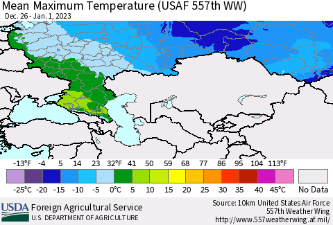 Russian Federation Mean Maximum Temperature (USAF 557th WW) Thematic Map For 12/26/2022 - 1/1/2023