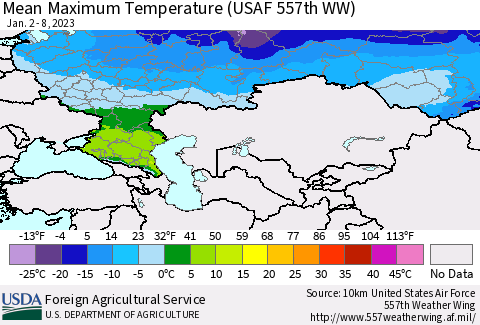 Russian Federation Mean Maximum Temperature (USAF 557th WW) Thematic Map For 1/2/2023 - 1/8/2023
