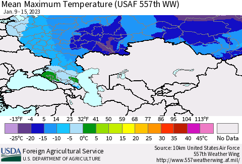 Russian Federation Mean Maximum Temperature (USAF 557th WW) Thematic Map For 1/9/2023 - 1/15/2023