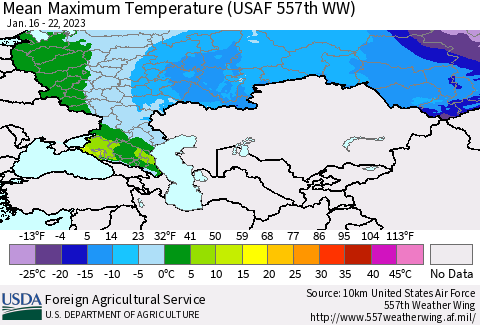Russian Federation Mean Maximum Temperature (USAF 557th WW) Thematic Map For 1/16/2023 - 1/22/2023