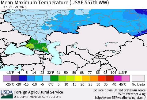 Russian Federation Mean Maximum Temperature (USAF 557th WW) Thematic Map For 1/23/2023 - 1/29/2023
