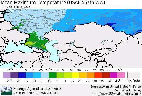 Russian Federation Mean Maximum Temperature (USAF 557th WW) Thematic Map For 1/30/2023 - 2/5/2023