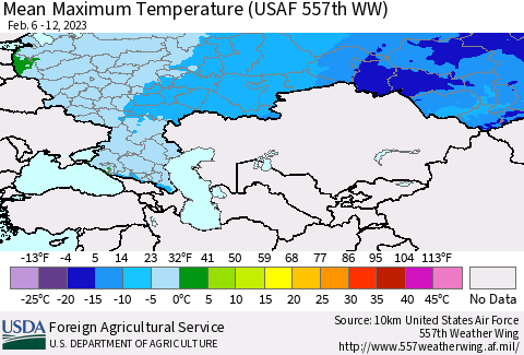 Russian Federation Mean Maximum Temperature (USAF 557th WW) Thematic Map For 2/6/2023 - 2/12/2023